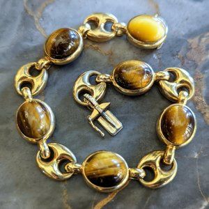 Signed Carlo Weingrill Bracelet Solid 750 18k Yellow Gold Tigers Eye VTG Italy